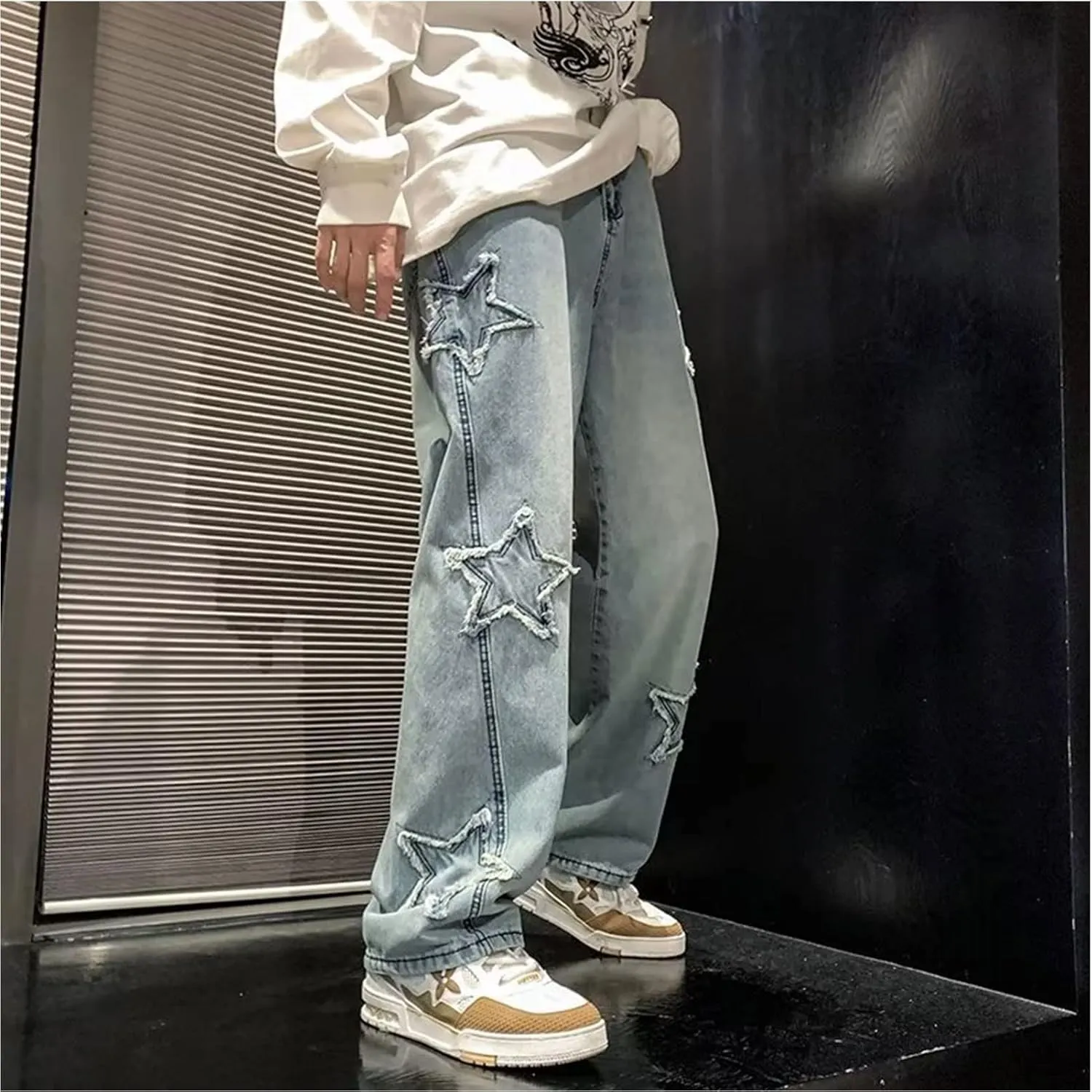 Y2k Baggy Jeans for Men,Hip Hop Grunge Demin Pants Wide Leg Loose Joggers Star Graphic Jeans