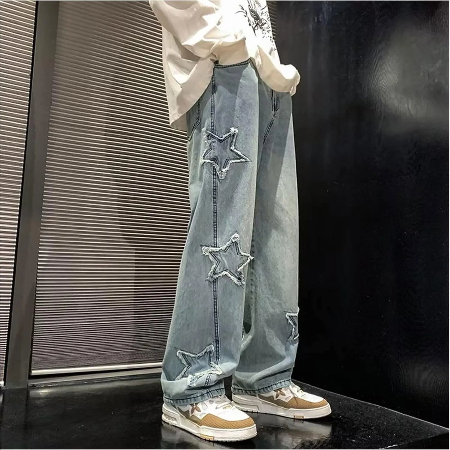 Y2k Baggy Jeans for Men,Hip Hop Grunge Demin Pants Wide Leg Loose Joggers Star Graphic Jeans