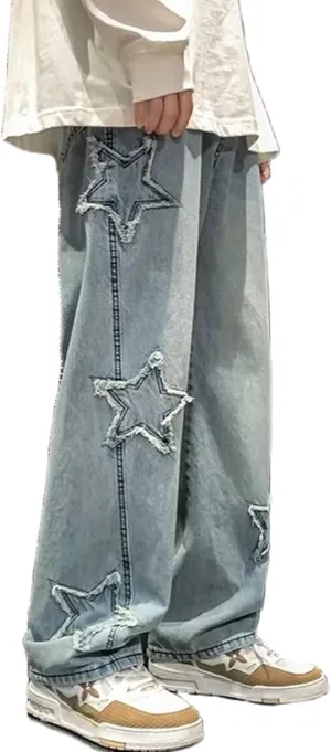 Y2k Baggy Jeans for Men,Hip Hop Grunge Demin Pants Wide Leg Loose Joggers Star Graphic Jeans