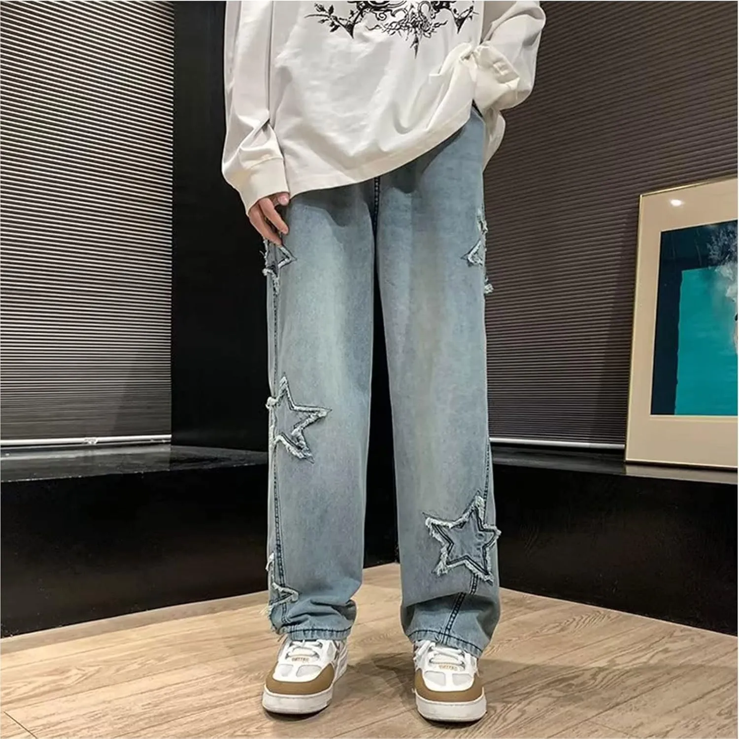 Y2k Baggy Jeans for Men,Hip Hop Grunge Demin Pants Wide Leg Loose Joggers Star Graphic Jeans