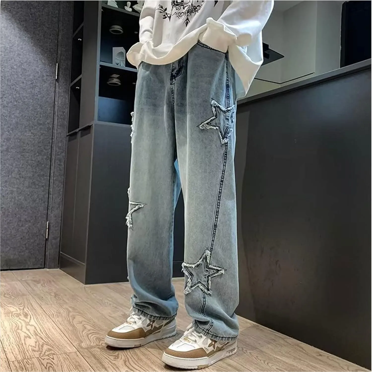 Y2k Baggy Jeans for Men,Hip Hop Grunge Demin Pants Wide Leg Loose Joggers Star Graphic Jeans