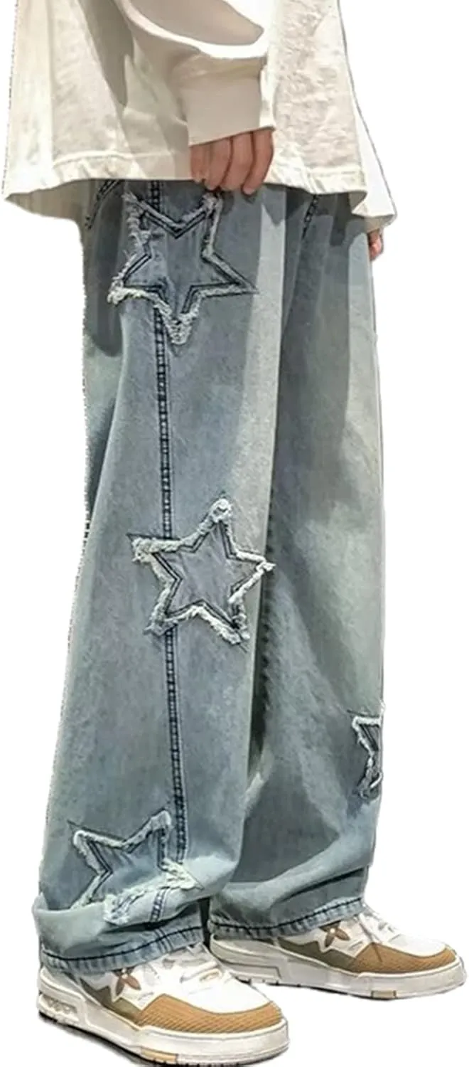 Y2k Baggy Jeans for Men,Hip Hop Grunge Demin Pants Wide Leg Loose Joggers Star Graphic Jeans