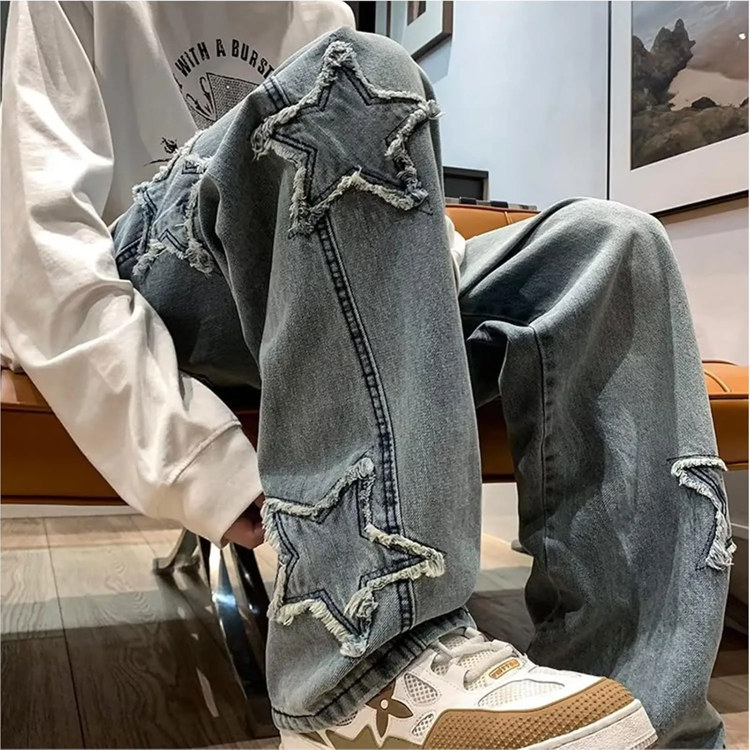 Y2k Baggy Jeans for Men,Hip Hop Grunge Demin Pants Wide Leg Loose Joggers Star Graphic Jeans