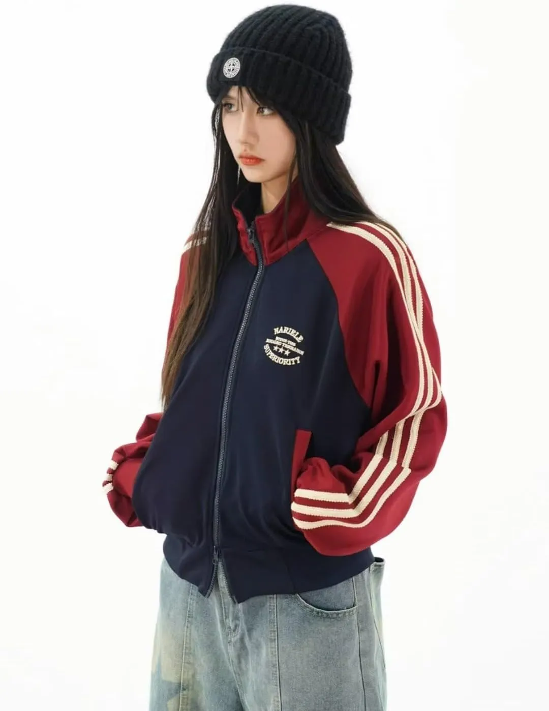 Y2k Zip Up Retro Track Outwear Patchwork Cropped Jacket Women Korean Streetwear Gorpcore Stand Collar Stripe Jackets