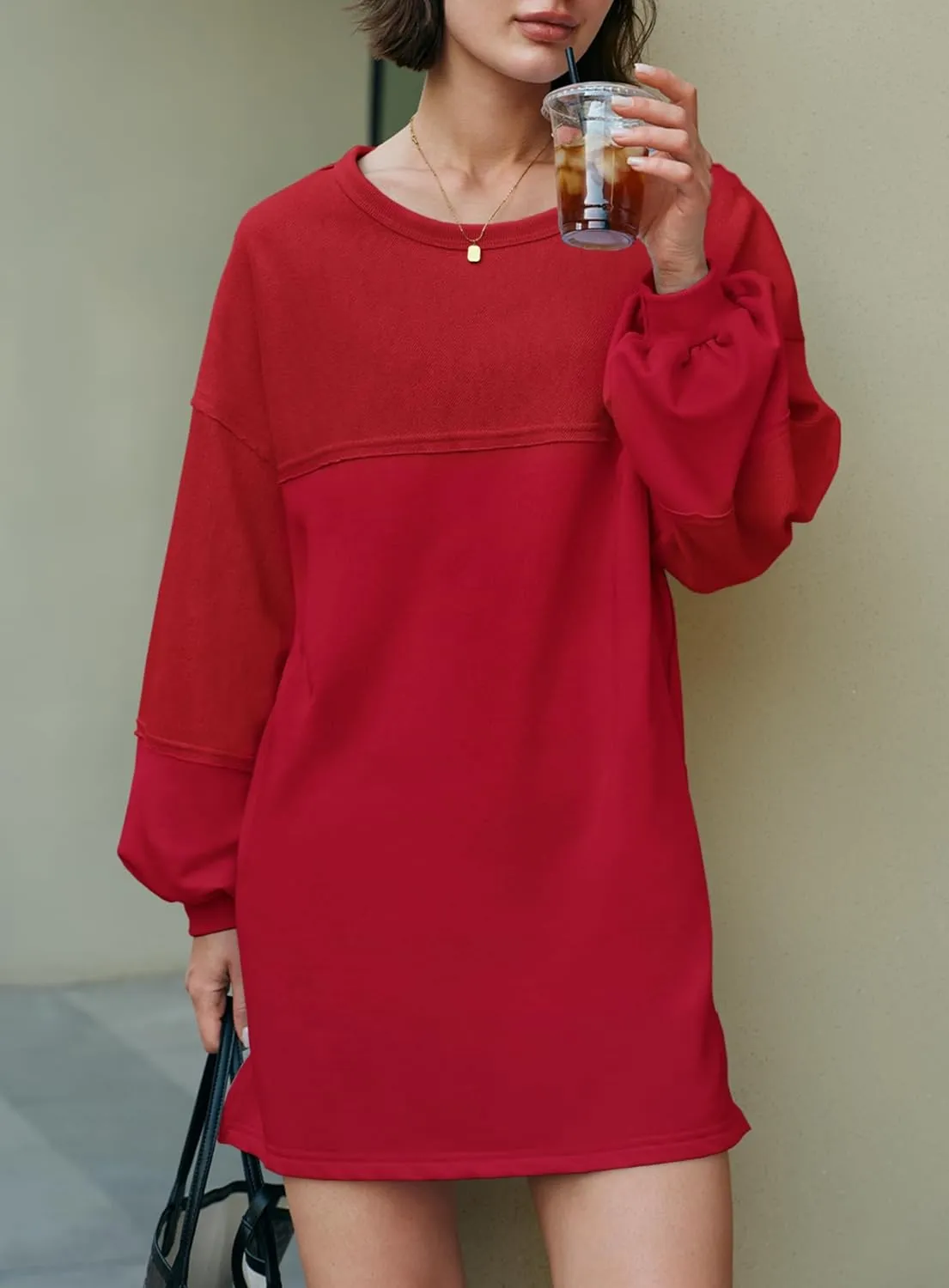 Yanekop Womens Oversized Sweatshirt Dress Patchwork Tunic Sweatshirts Crewneck Long Sleeve Spring Pullover Tops Side Slit