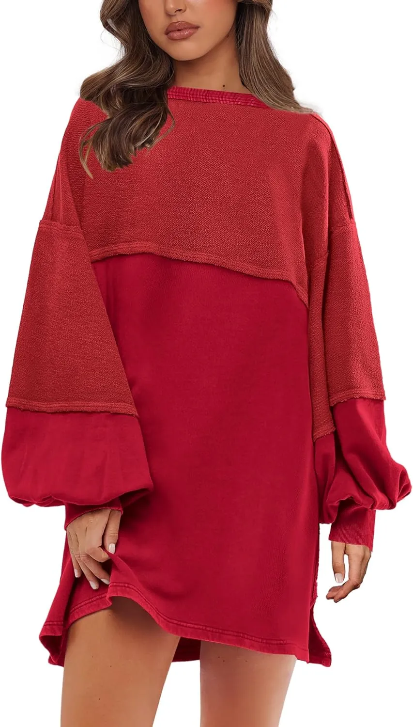 Yanekop Womens Oversized Sweatshirt Dress Patchwork Tunic Sweatshirts Crewneck Long Sleeve Spring Pullover Tops Side Slit