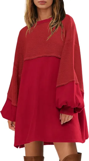 Yanekop Womens Oversized Sweatshirt Dress Patchwork Tunic Sweatshirts Crewneck Long Sleeve Spring Pullover Tops Side Slit
