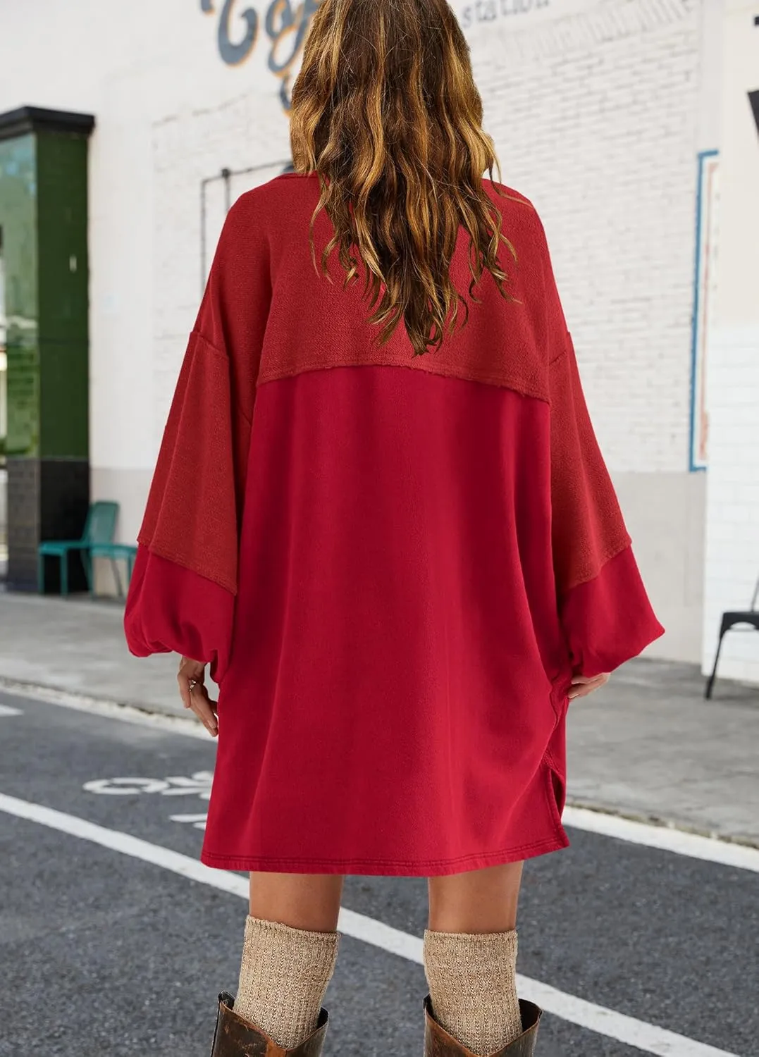 Yanekop Womens Oversized Sweatshirt Dress Patchwork Tunic Sweatshirts Crewneck Long Sleeve Spring Pullover Tops Side Slit