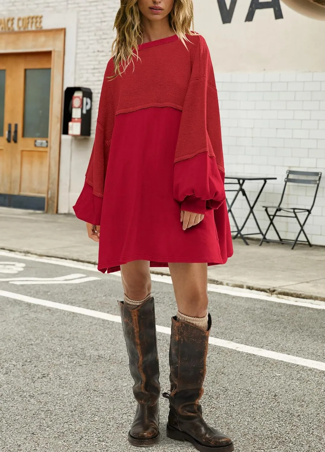 Yanekop Womens Oversized Sweatshirt Dress Patchwork Tunic Sweatshirts Crewneck Long Sleeve Spring Pullover Tops Side Slit