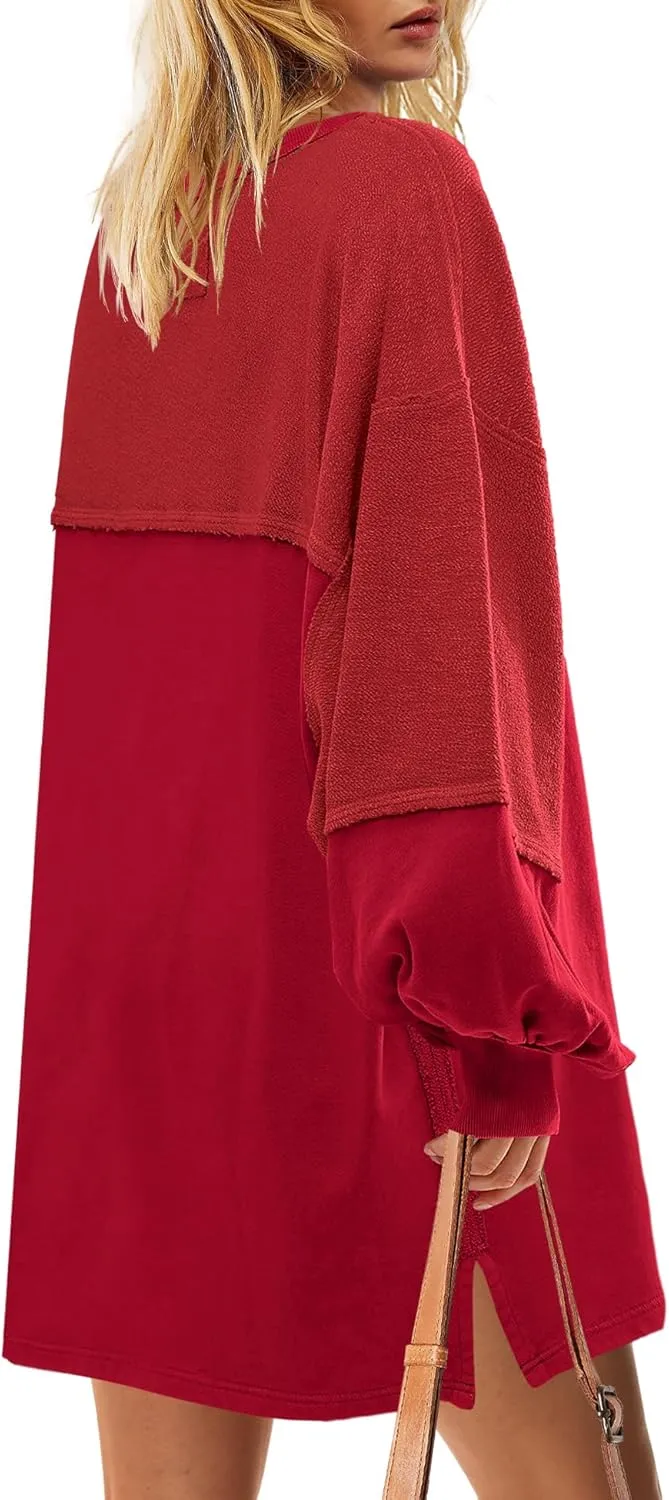 Yanekop Womens Oversized Sweatshirt Dress Patchwork Tunic Sweatshirts Crewneck Long Sleeve Spring Pullover Tops Side Slit