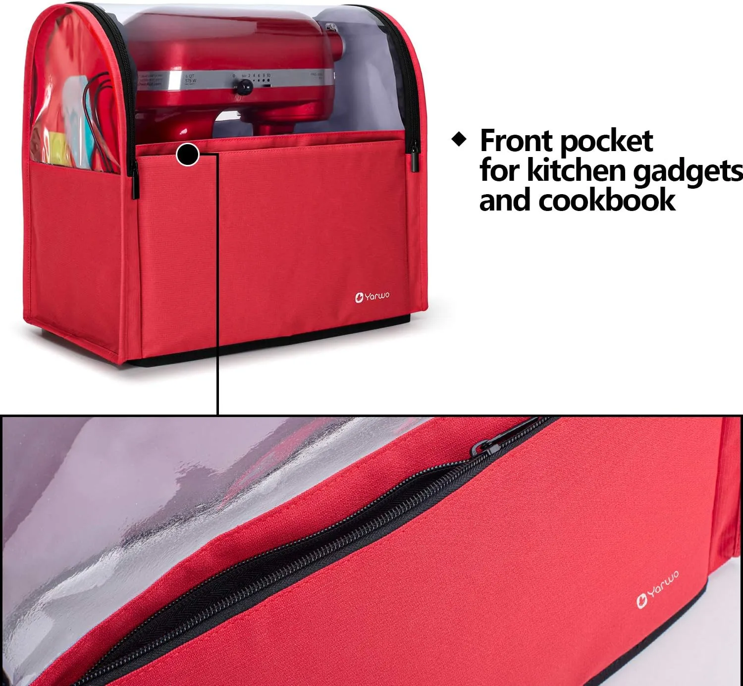 Yarwo 𝟐𝟎𝟐𝟓 𝐍𝐄𝐖 Stand Mixer Cover Compatible with 6-8 qt KitchenAid Mixer, Visible Dust Cover with Multiple Pockets for Extra Kitchen Accessories, Red