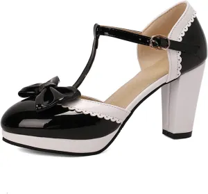 Yawors Women's DC804 Buckle Metal Buckles Closed Toe Patent-Leather High Chunky Mary Jane Pumps