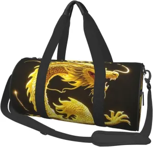 Yellow Dragon Black Background Print Round Large Capacity Travel Luggage Bags,Men's and Women's Hand-Held Travel Clothing Bags