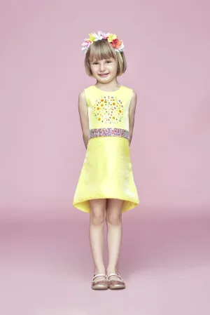 Yellow dress with multi-color sequin waistband and sequin embellishment