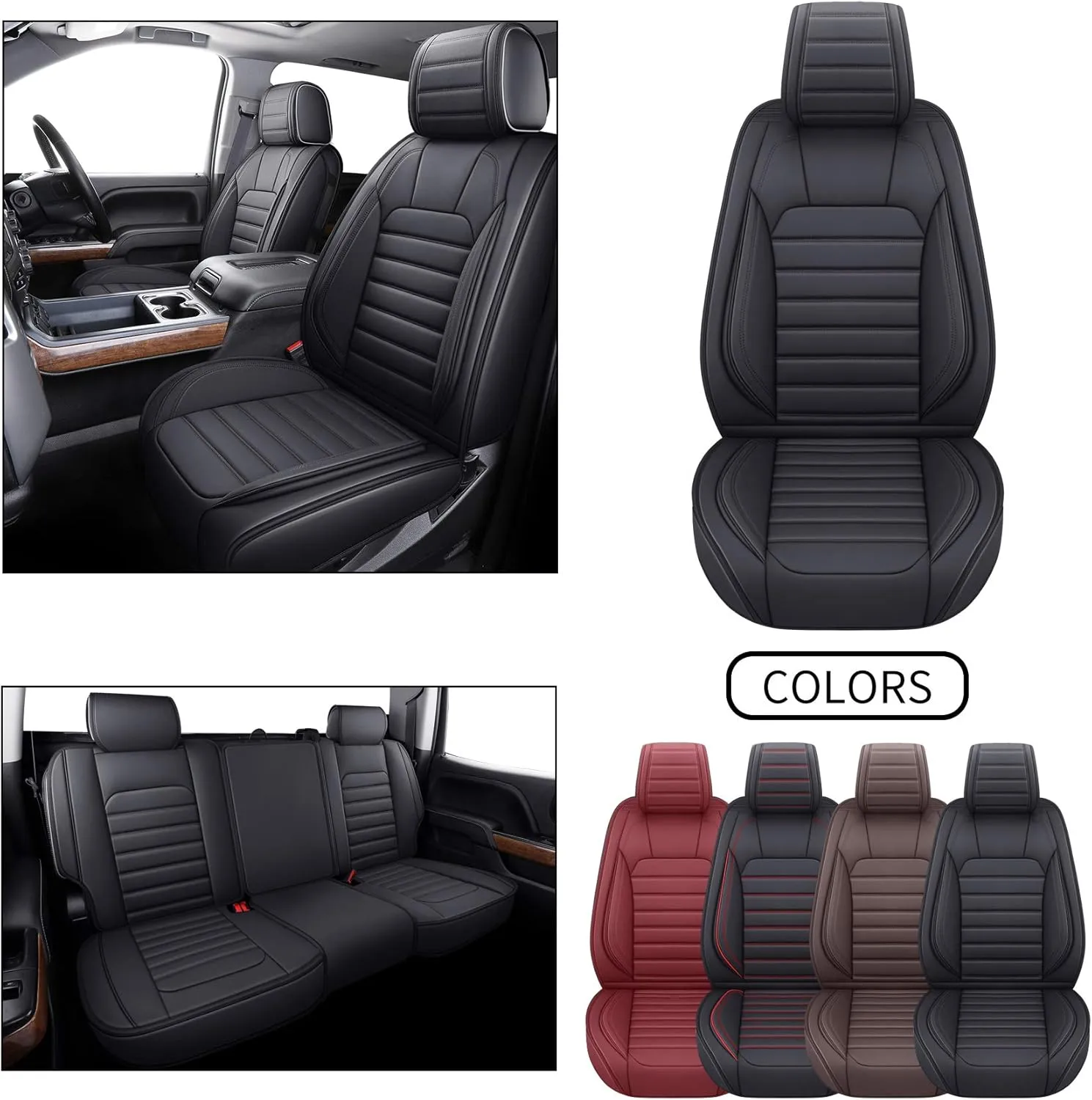 YIERTAI for Chevy Chevrolet Silverado GMC Sierra Car Seat Covers Fit 2007-2023 2024 2025 1500/2500/3500HD Truck Waterproof Leather Crew Double Extended Cab Covers(5 PCS Full Set/Black)