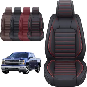 YIERTAI Truck Seat Covers Compatible with Chevy Silverado GMC Sierra fit 2007-2025 1500/2500/3500HD Trail Boss Z71 Crew Double Extended Cab Waterproof Leather Covers(2 PCS Front only/Black-Red)