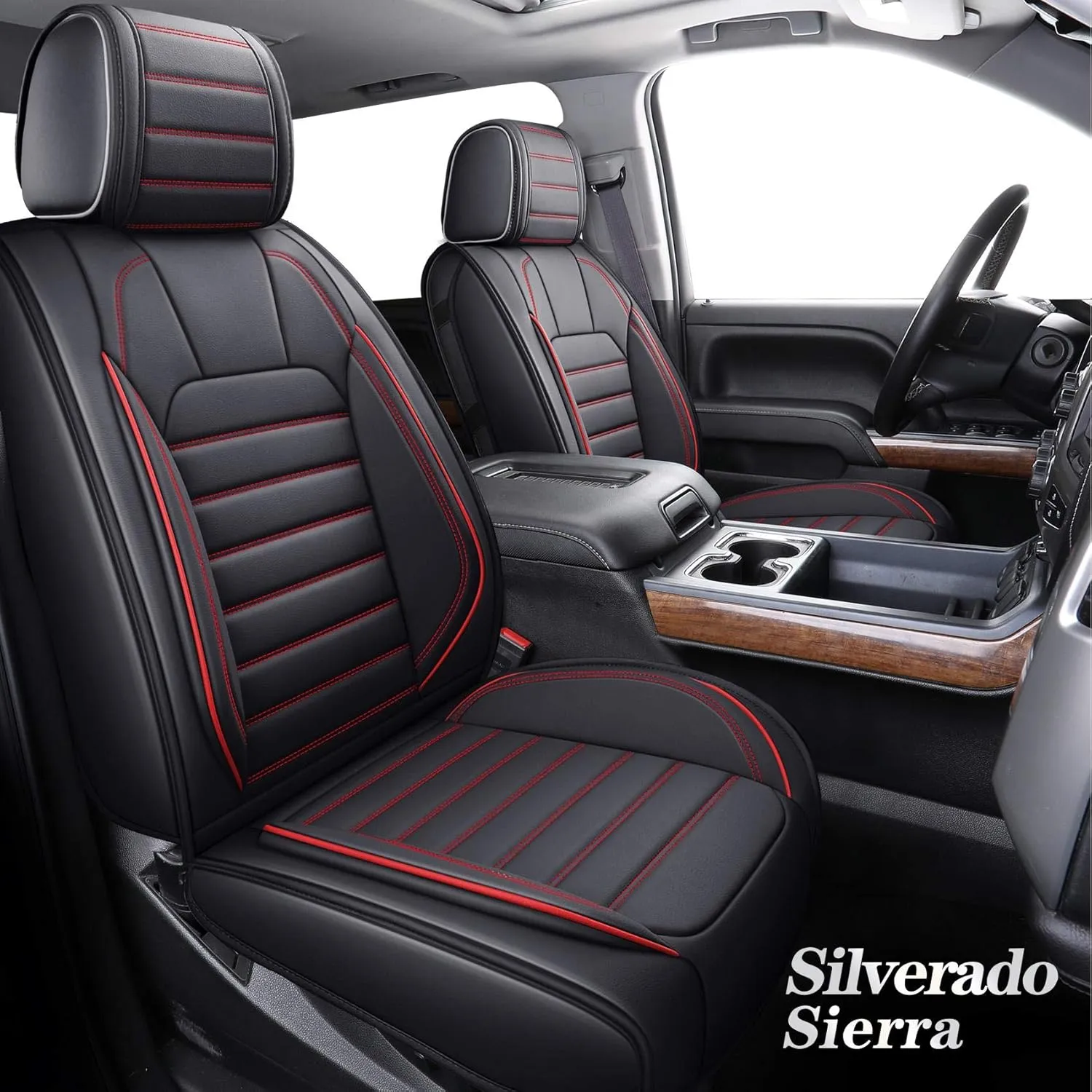 YIERTAI Truck Seat Covers Compatible with Chevy Silverado GMC Sierra fit 2007-2025 1500/2500/3500HD Trail Boss Z71 Crew Double Extended Cab Waterproof Leather Covers(2 PCS Front only/Black-Red)