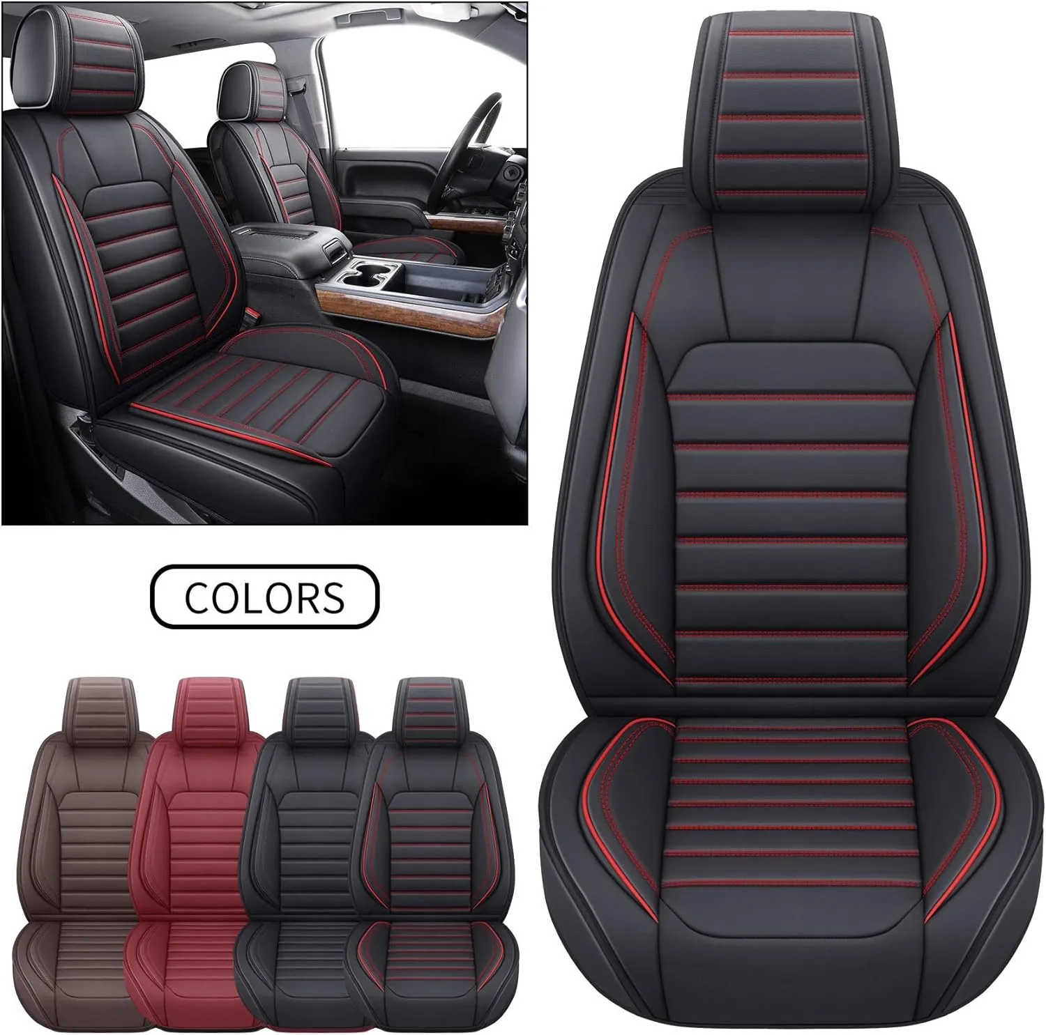 YIERTAI Truck Seat Covers Compatible with Chevy Silverado GMC Sierra fit 2007-2025 1500/2500/3500HD Trail Boss Z71 Crew Double Extended Cab Waterproof Leather Covers(2 PCS Front only/Black-Red)