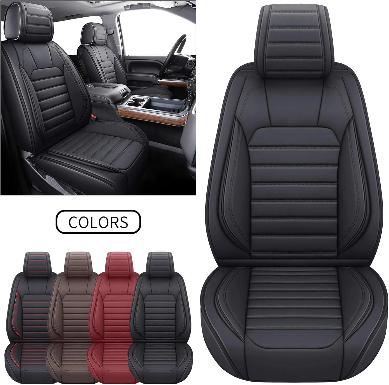 YIERTAI Truck Seat Covers for Chevy Chevrolet Silverado GMC Sierra Custom Fit 2007-2025 1500/2500/3500 Trail Boss Z71 Crew Double Extended Cab Waterproof Leather(2 PCS Front only/Black)