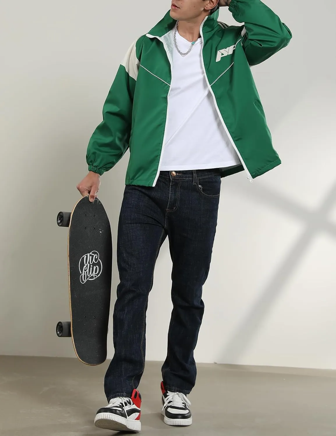 Yimoon Men's Lightweight Windbreaker Jacket Casual Zip Up Outdoor Varsity Jacket Patchwork Vintage Y2K Outerwear
