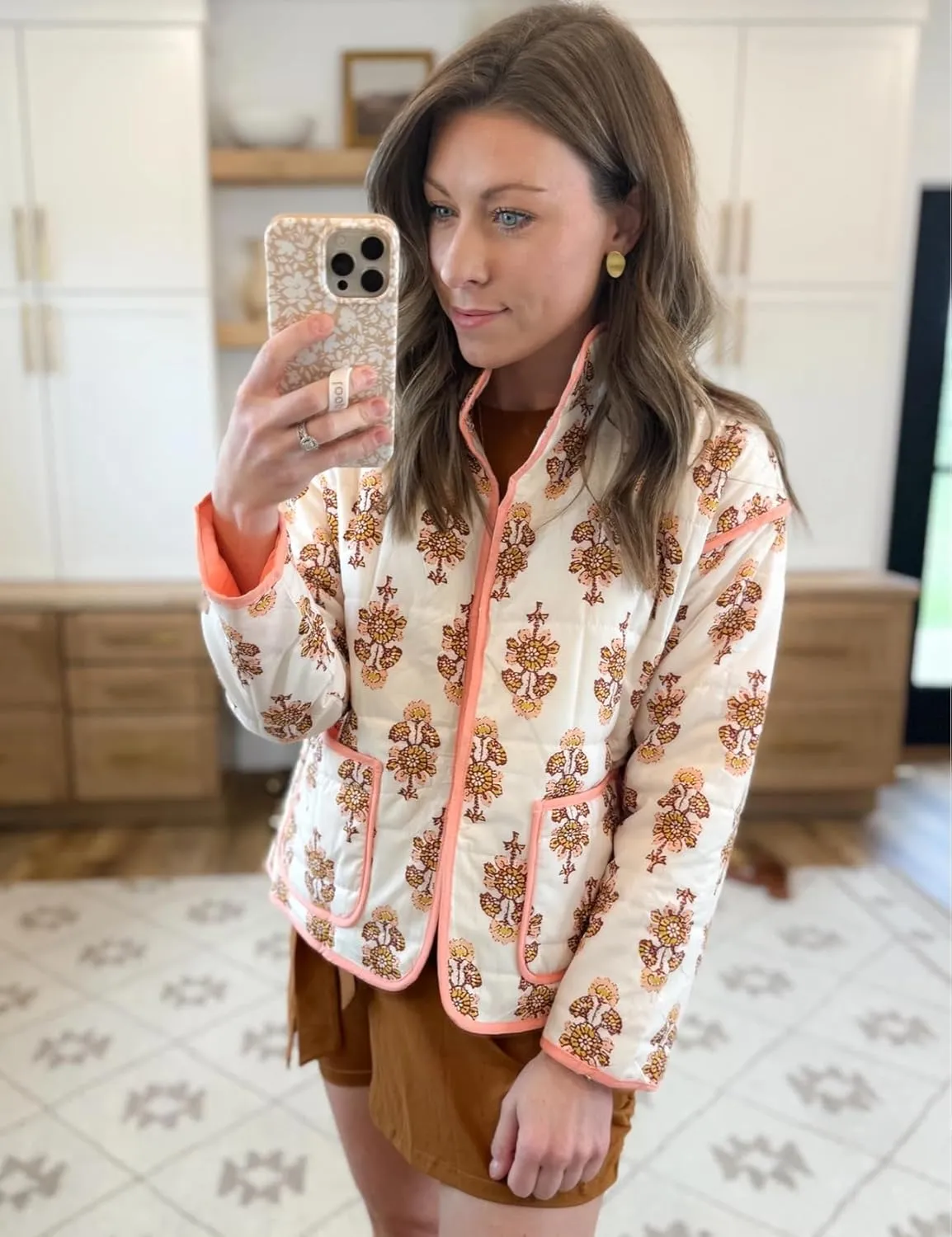 Yimoon Women's Cropped Puffer Quilted Jacket Vintage Floral Print Open Front Lightweight Short Jacket Outwear