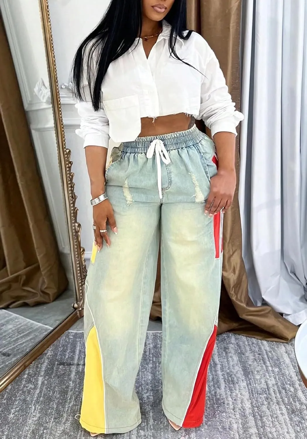 YOOTIKO Women Striped Drawstring Jeans Elastic High Waisted Straight Wide Leg Baggy Sweatpants Jeans