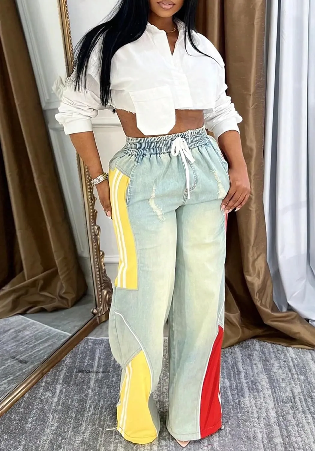 YOOTIKO Women Striped Drawstring Jeans Elastic High Waisted Straight Wide Leg Baggy Sweatpants Jeans