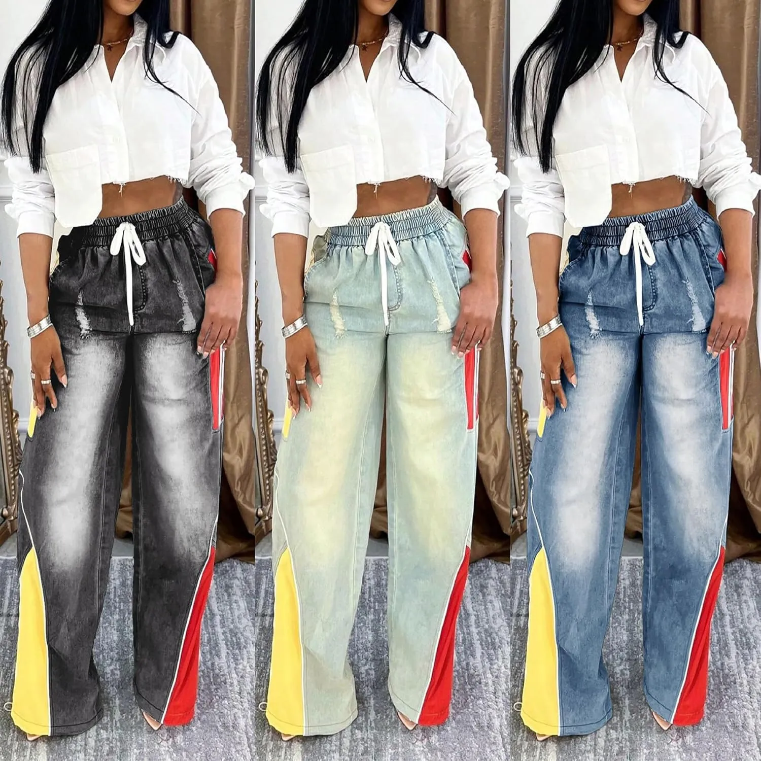 YOOTIKO Women Striped Drawstring Jeans Elastic High Waisted Straight Wide Leg Baggy Sweatpants Jeans