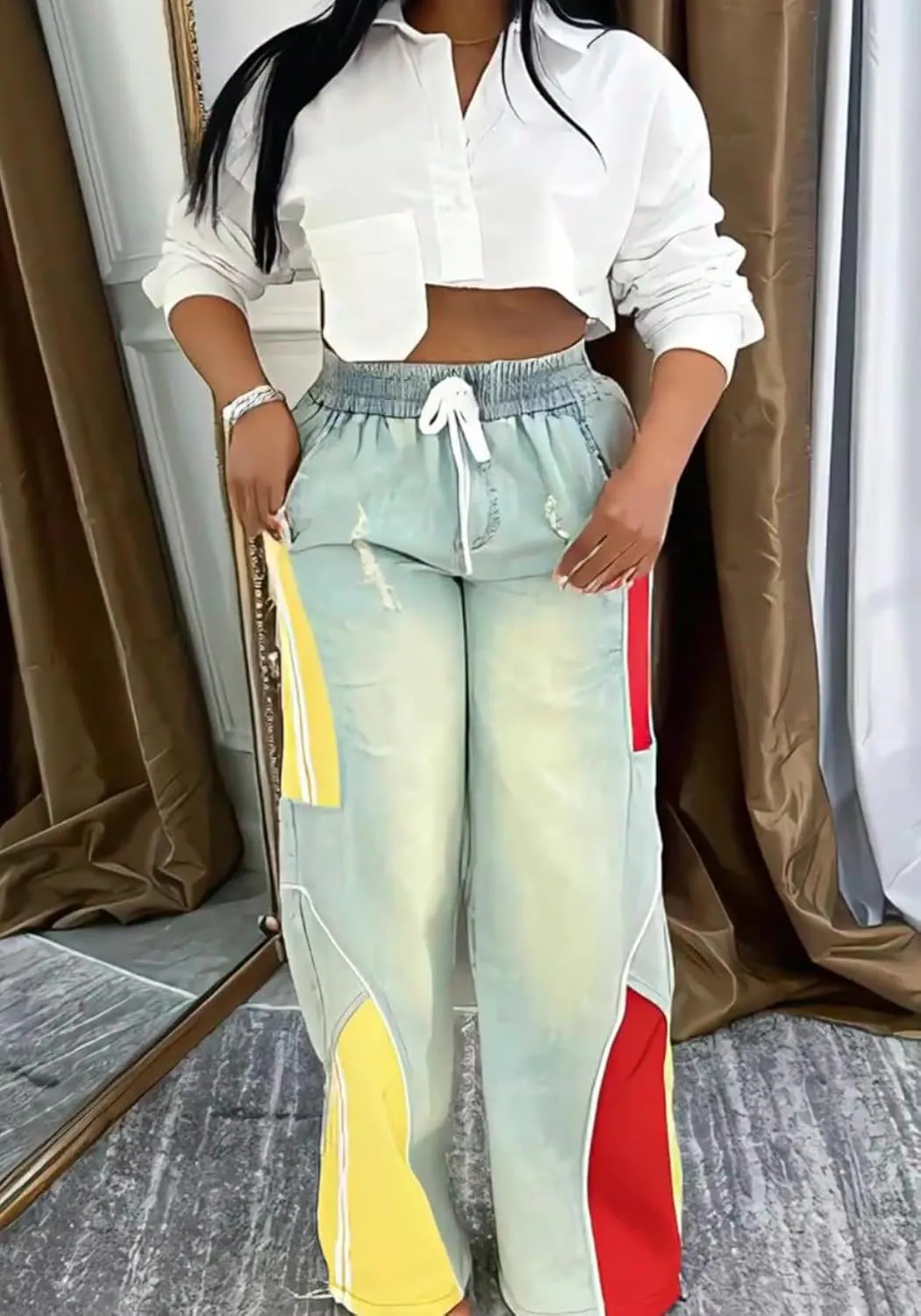 YOOTIKO Women Striped Drawstring Jeans Elastic High Waisted Straight Wide Leg Baggy Sweatpants Jeans