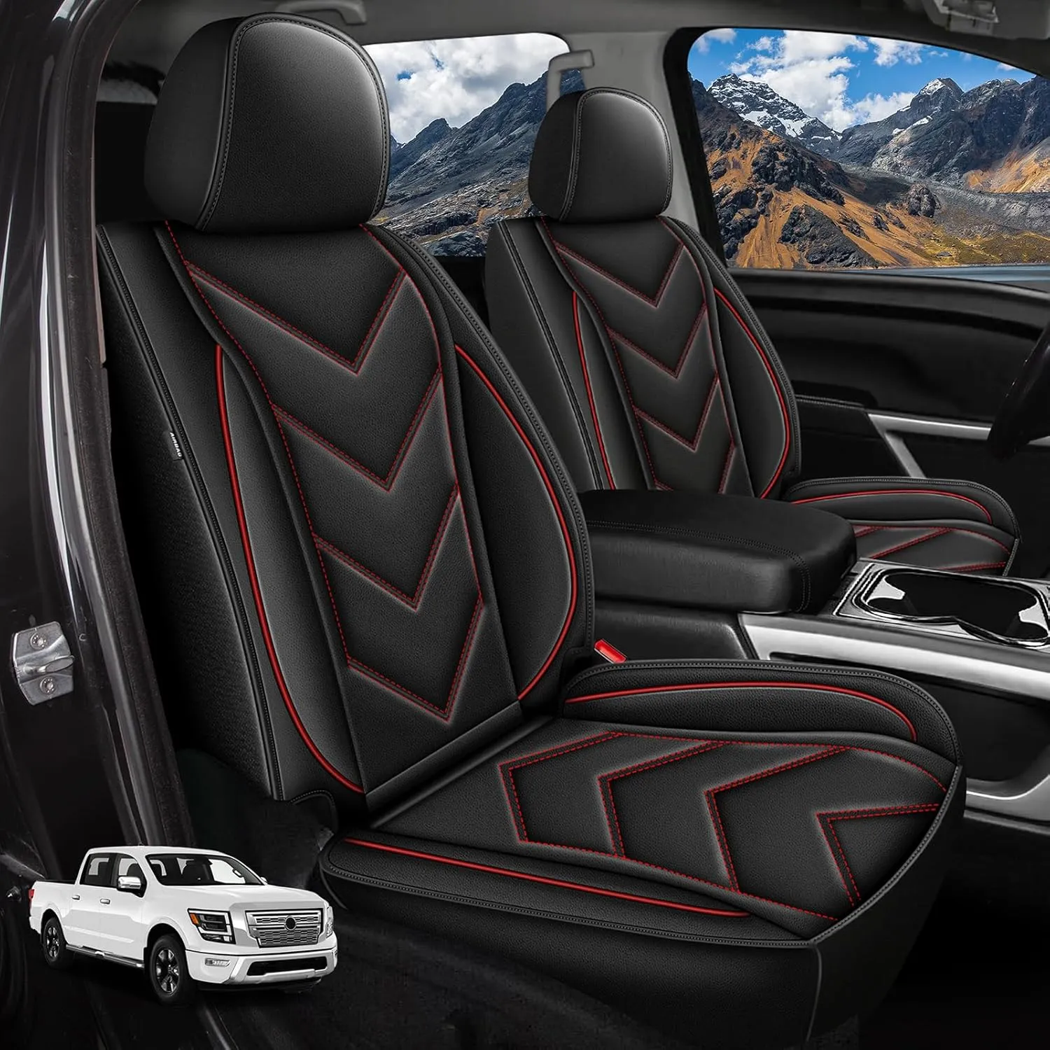 YORKNEIC Seat Covers Fit for Nissan Titan 2017-2024 2025: Waterproof Leather Car Seat Cover Front Seat - Truck Pickup Compatible with Airbag (Redline)
