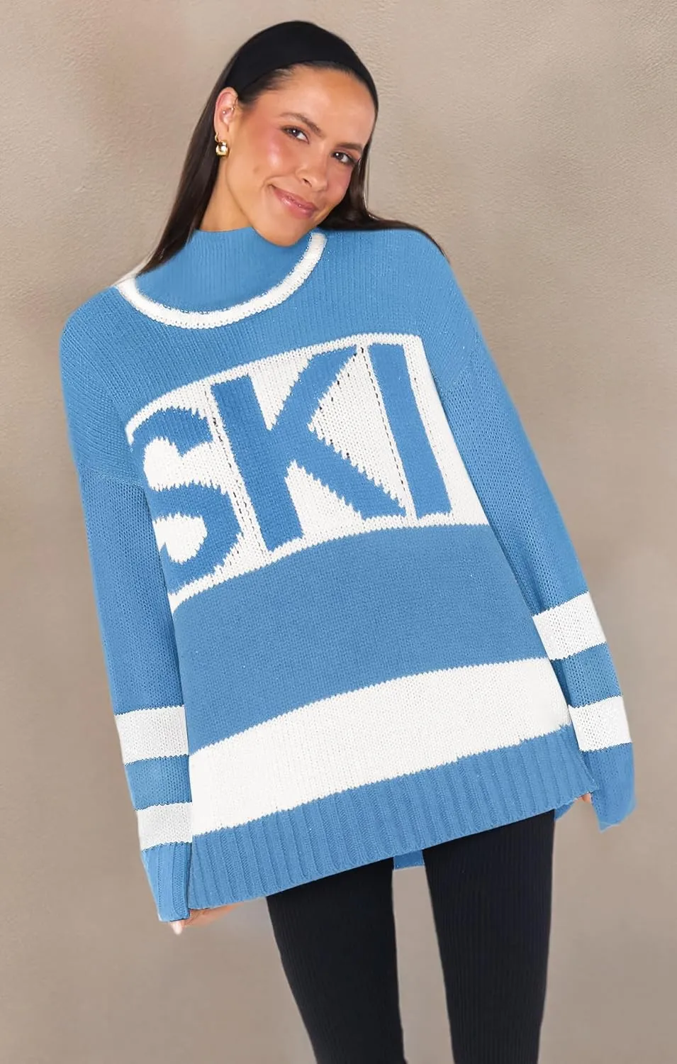 Yousify Womens Sweaters Fall 2024 Oversized Color Block Ski Sweater Crewneck Winter Tops S-2XL