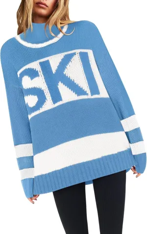 Yousify Womens Sweaters Fall 2024 Oversized Color Block Ski Sweater Crewneck Winter Tops S-2XL
