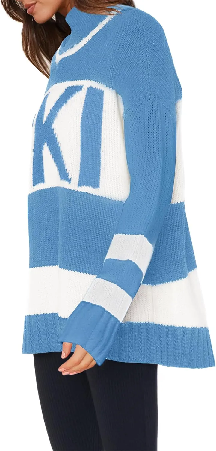 Yousify Womens Sweaters Fall 2024 Oversized Color Block Ski Sweater Crewneck Winter Tops S-2XL