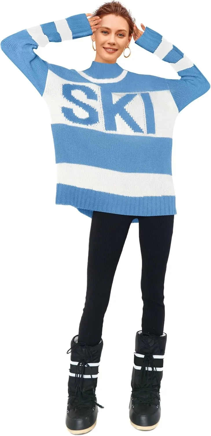 Yousify Womens Sweaters Fall 2024 Oversized Color Block Ski Sweater Crewneck Winter Tops S-2XL