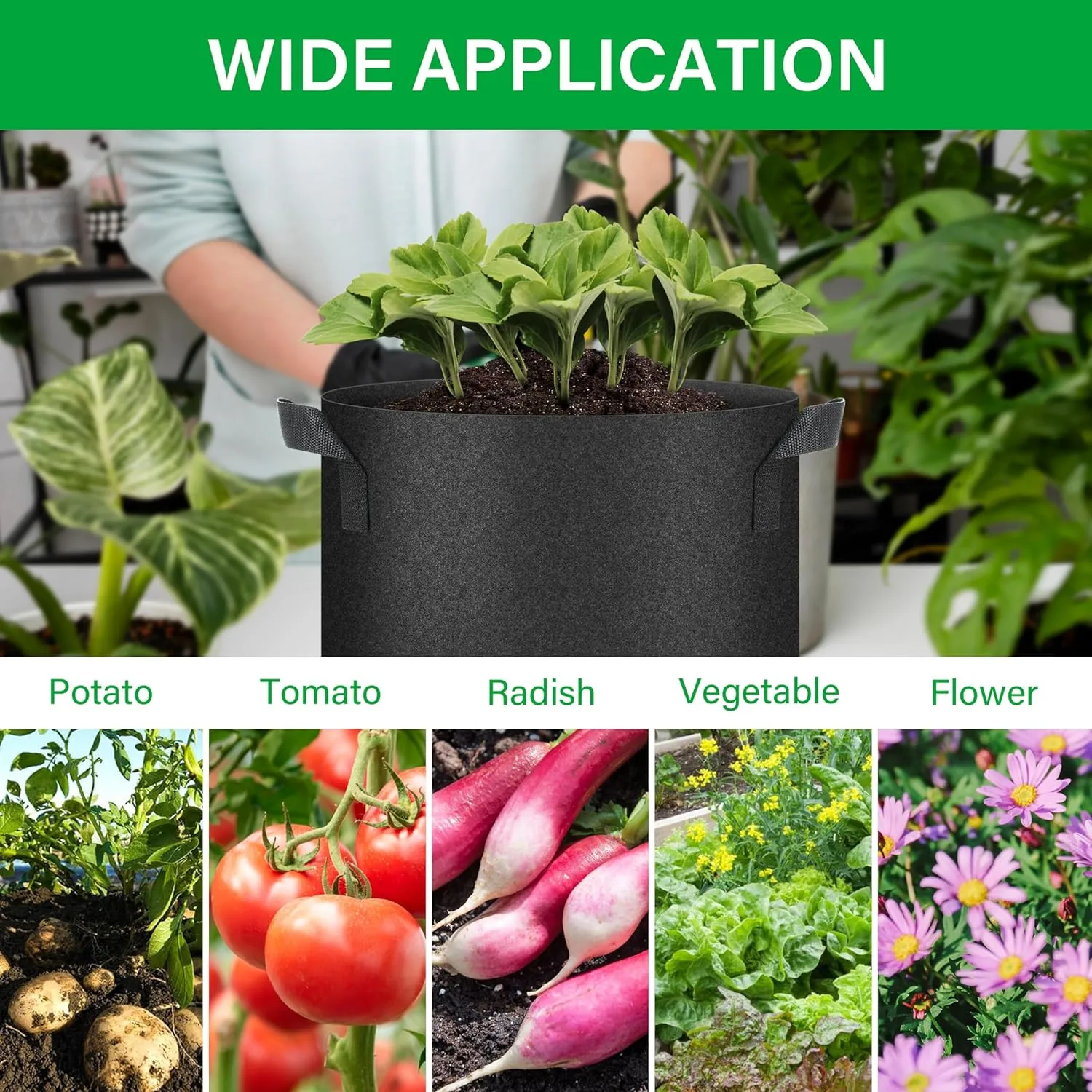 YSSOA 5-Pack 10 Gallon Grow Bags, Aeration Nonwoven Fabric Plant Pots with Handles, Heavy Duty Gardening Planter for Potato, Tomato, Vegetable and Fruits, Black 2024 Version