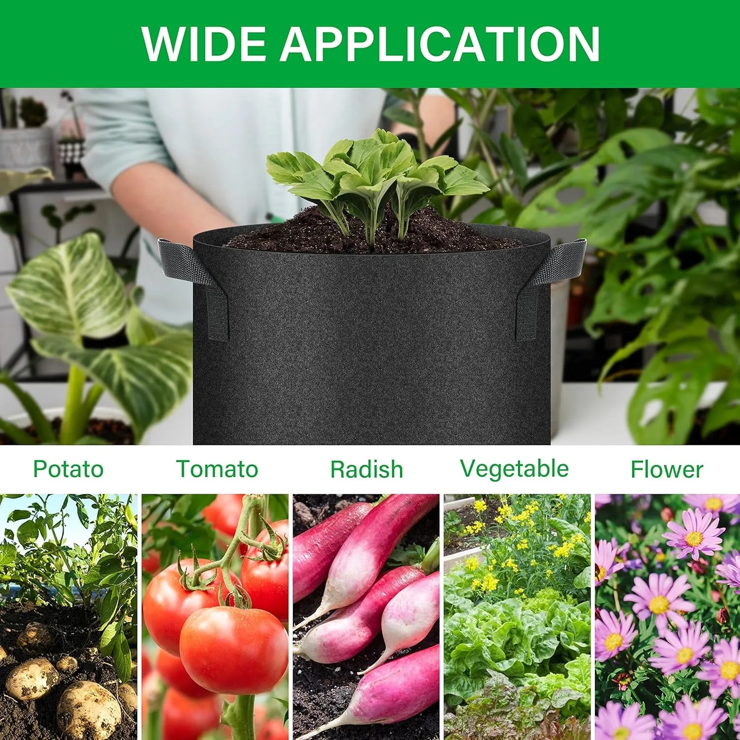 YSSOA 5-Pack 10 Gallon Grow Bags, Aeration Nonwoven Fabric Plant Pots with Handles, Heavy Duty Gardening Planter for Potato, Tomato, Vegetable and Fruits, Black
