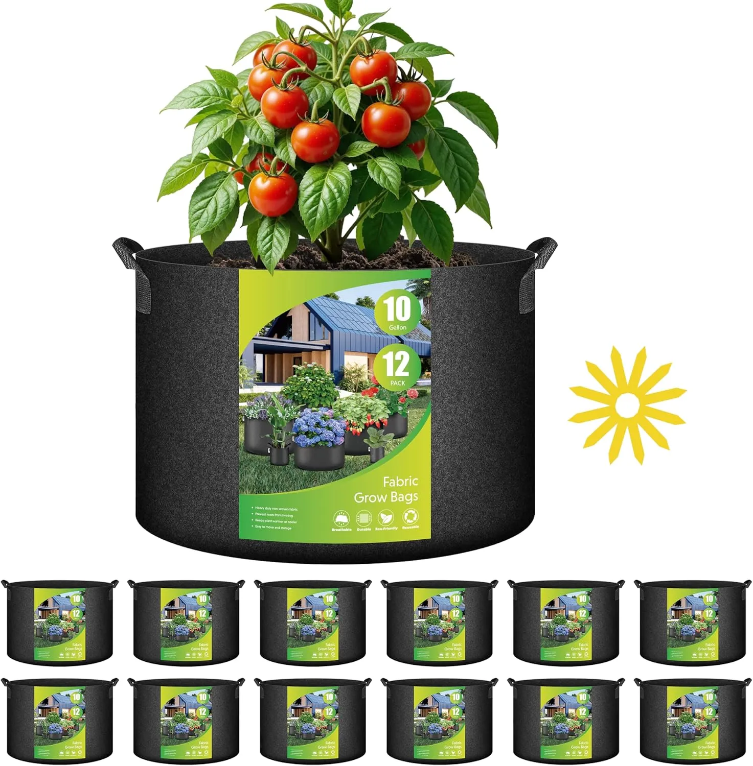 YSSOA Grow Bags 12 Pack 10 Gallon 300G Reusable Breathable Gardening Pots with Handles Non-Woven Fabric Plant Bags, Heavy Duty Planting Bags for Grow Tent Hydroponic & Outdoor Vegetables Tomatoes