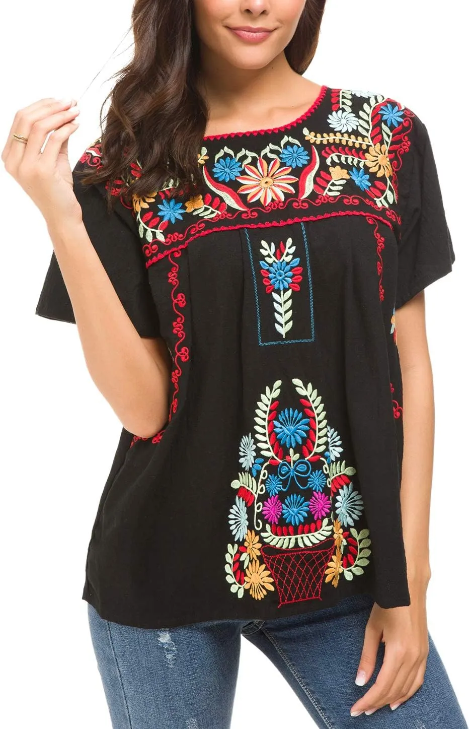 YZXDORWJ Women's Embroidered Mexican Peasant Blouse Mexico Summer Shirt Short Sleeve
