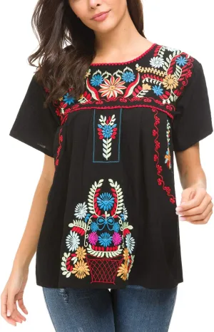 YZXDORWJ Women's Embroidered Mexican Peasant Blouse Mexico Summer Shirt Short Sleeve