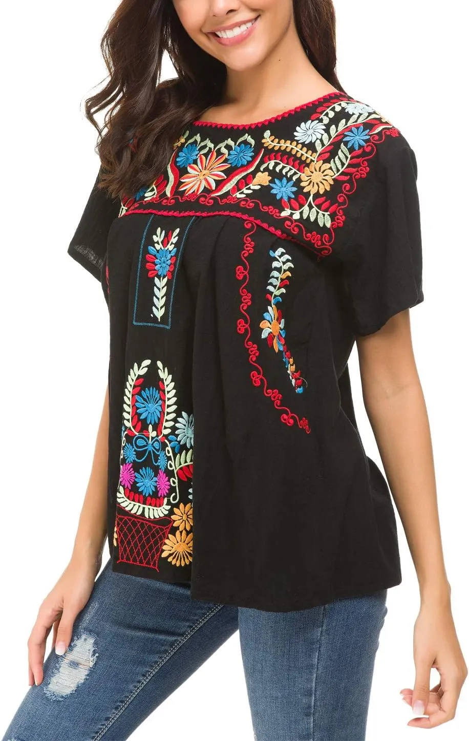 YZXDORWJ Women's Embroidered Mexican Peasant Blouse Mexico Summer Shirt Short Sleeve
