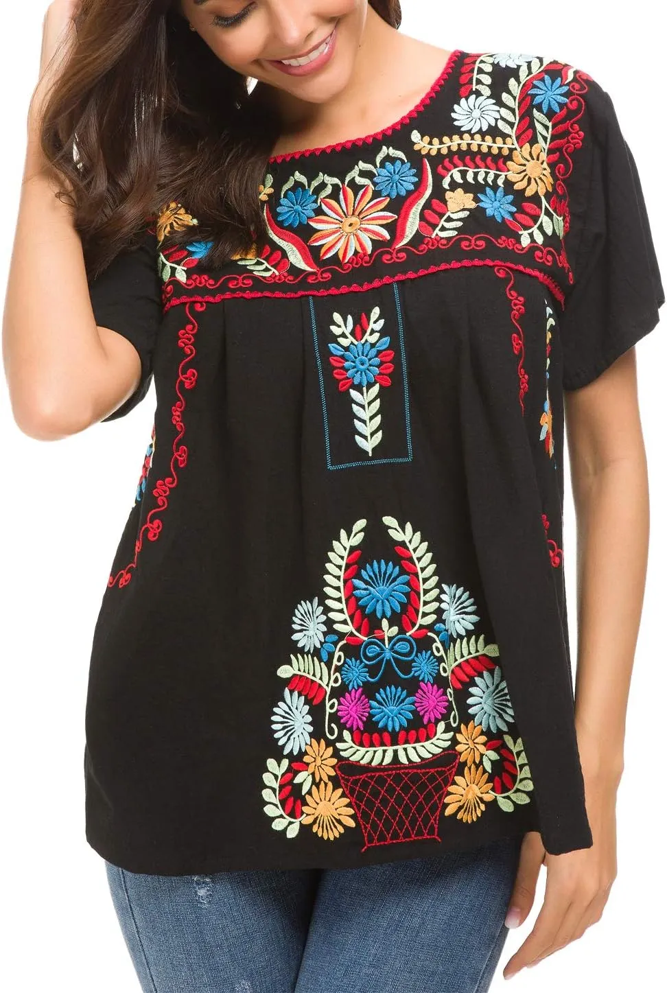 YZXDORWJ Women's Embroidered Mexican Peasant Blouse Mexico Summer Shirt Short Sleeve