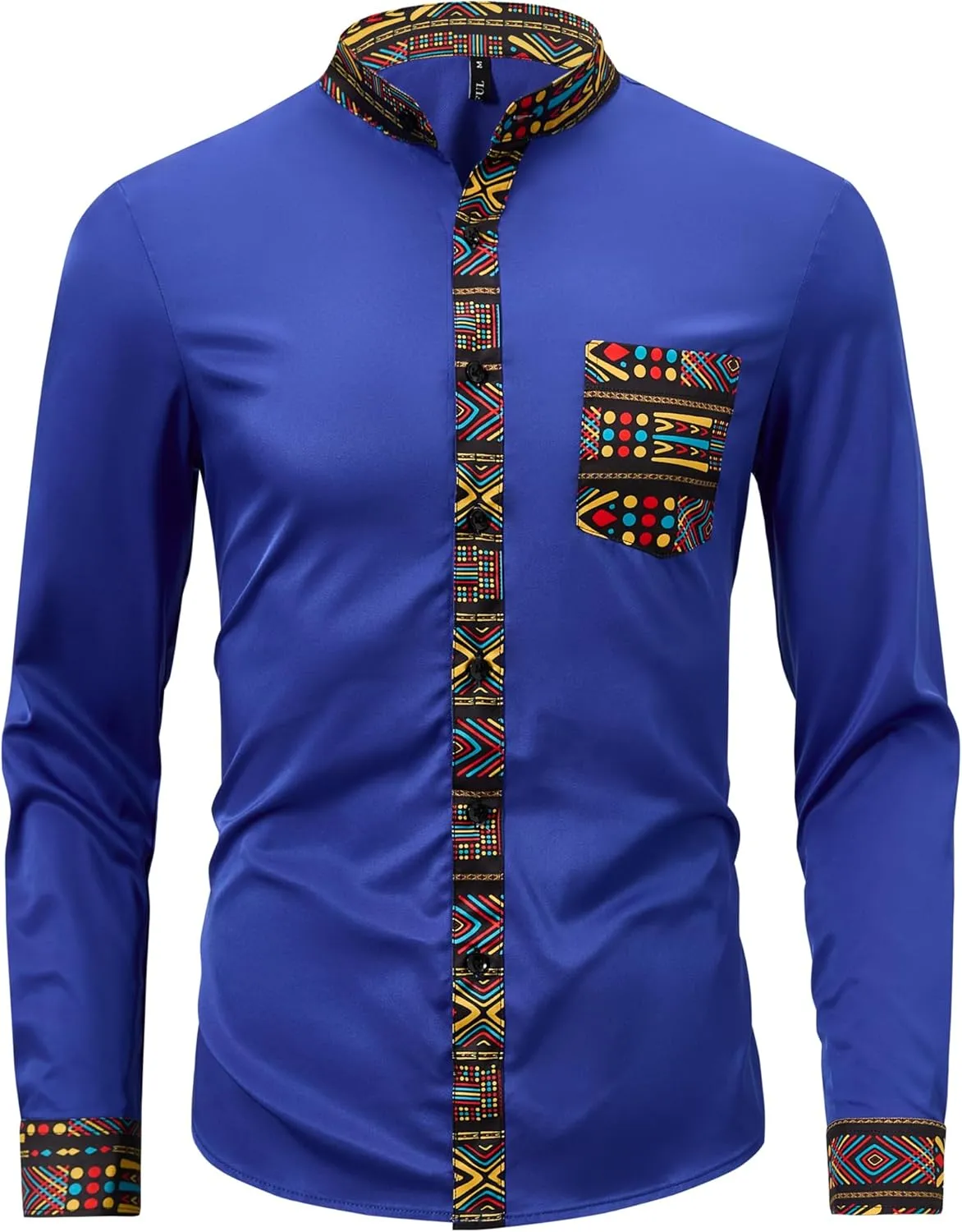 ZAFUL Men's African Shirt Hipster Tribal Graphic Patchwork Slim Fit Tee Long Sleeve Button Down Mandarin Collar Shirts