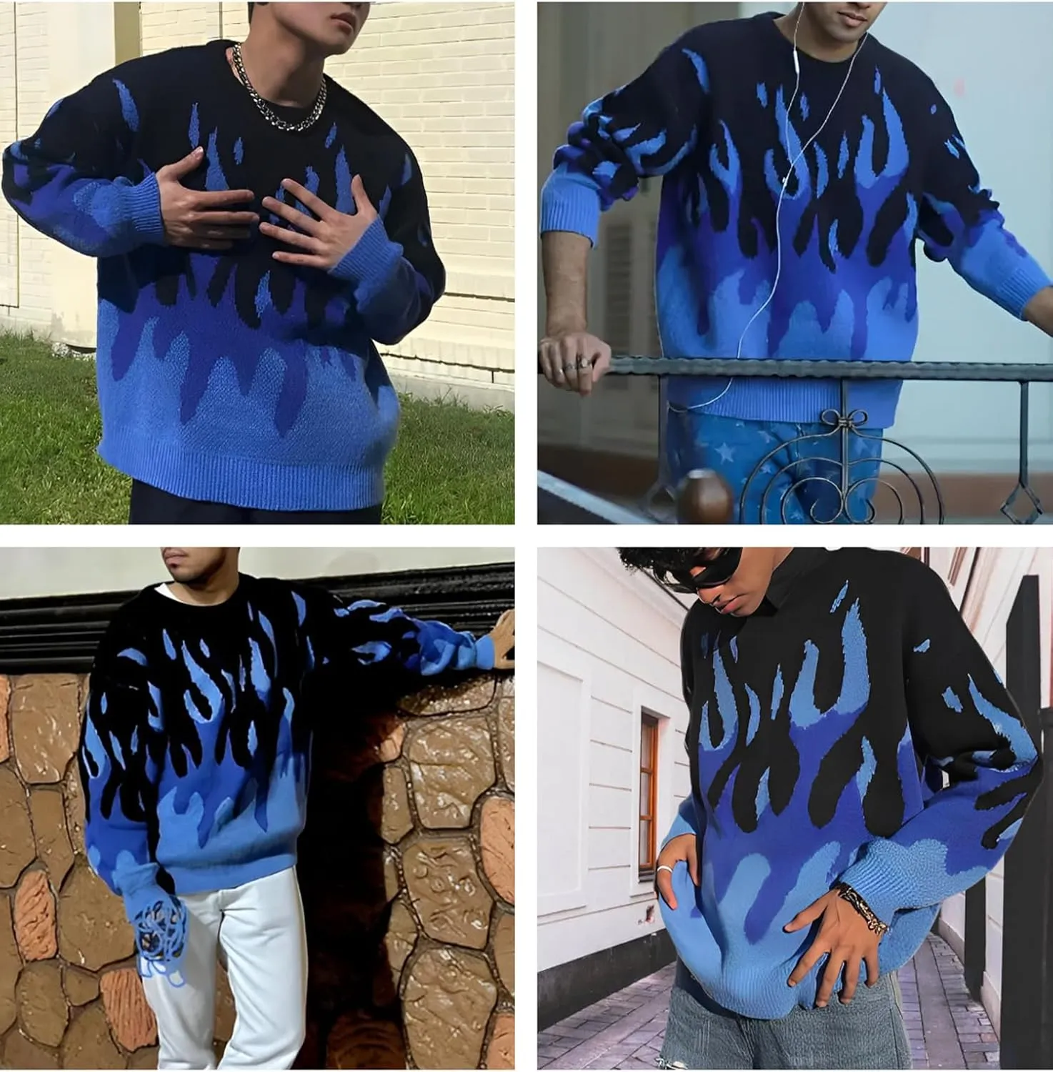 ZAFUL Men's Oversized Sweater Y2K Aesthetic Flame Graphic Crewneck Knit Pullover Unisex Casual Sweaters