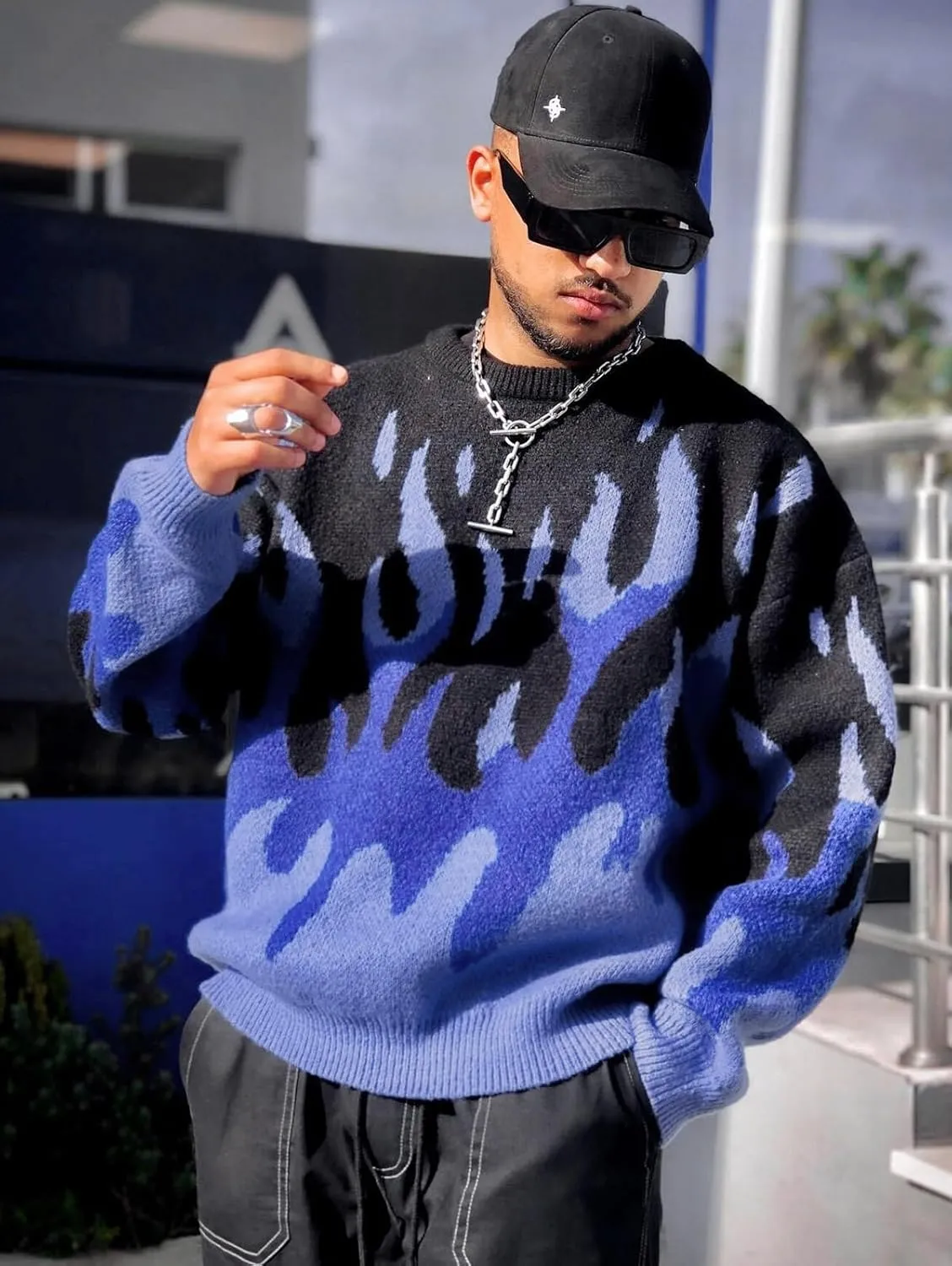 ZAFUL Men's Oversized Sweater Y2K Aesthetic Flame Graphic Crewneck Knit Pullover Unisex Casual Sweaters