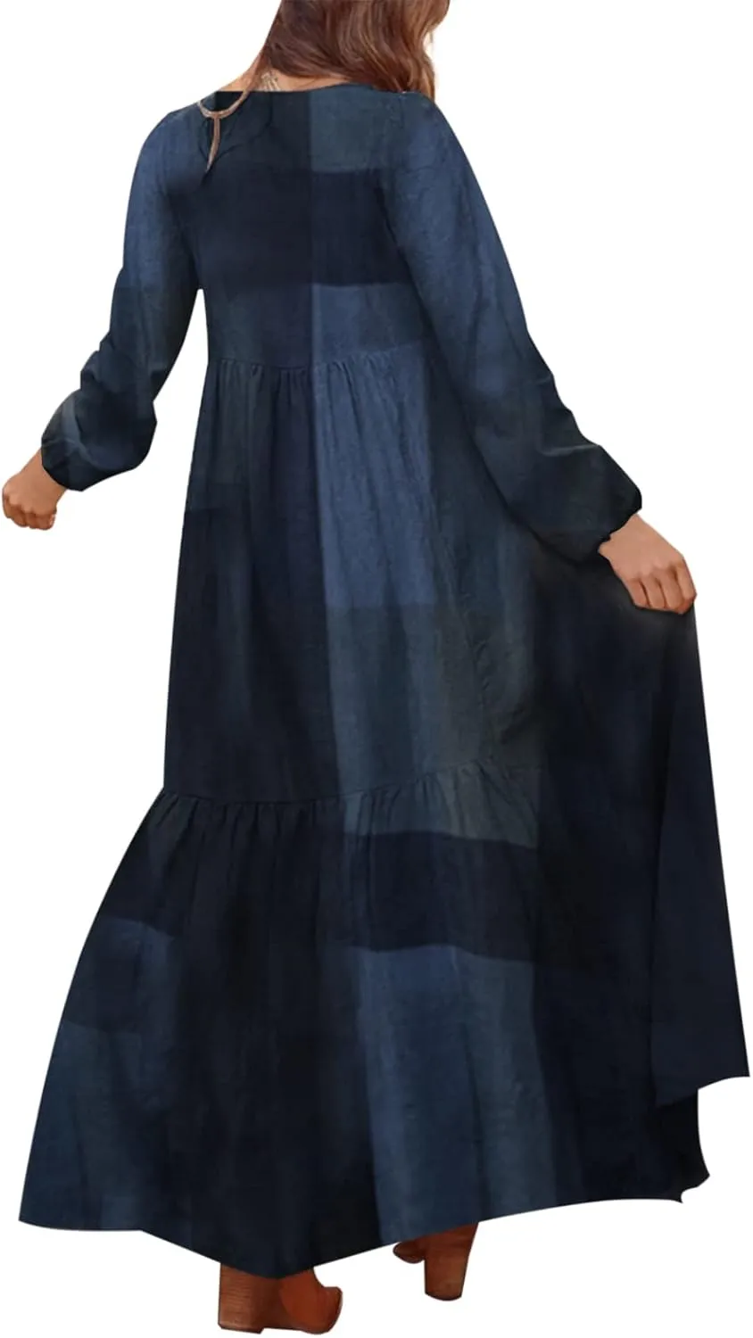 ZANZEA Women's Casual Maxi Dress Long Sleeve Loose V Neck Printed Kaftan Party Check Plaid Shrit Dress Puff Sleeve