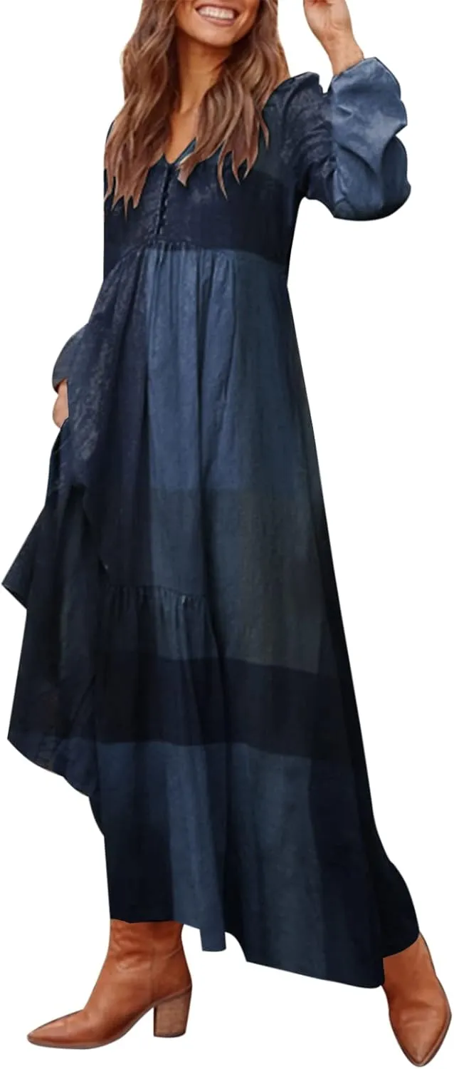 ZANZEA Women's Casual Maxi Dress Long Sleeve Loose V Neck Printed Kaftan Party Check Plaid Shrit Dress Puff Sleeve