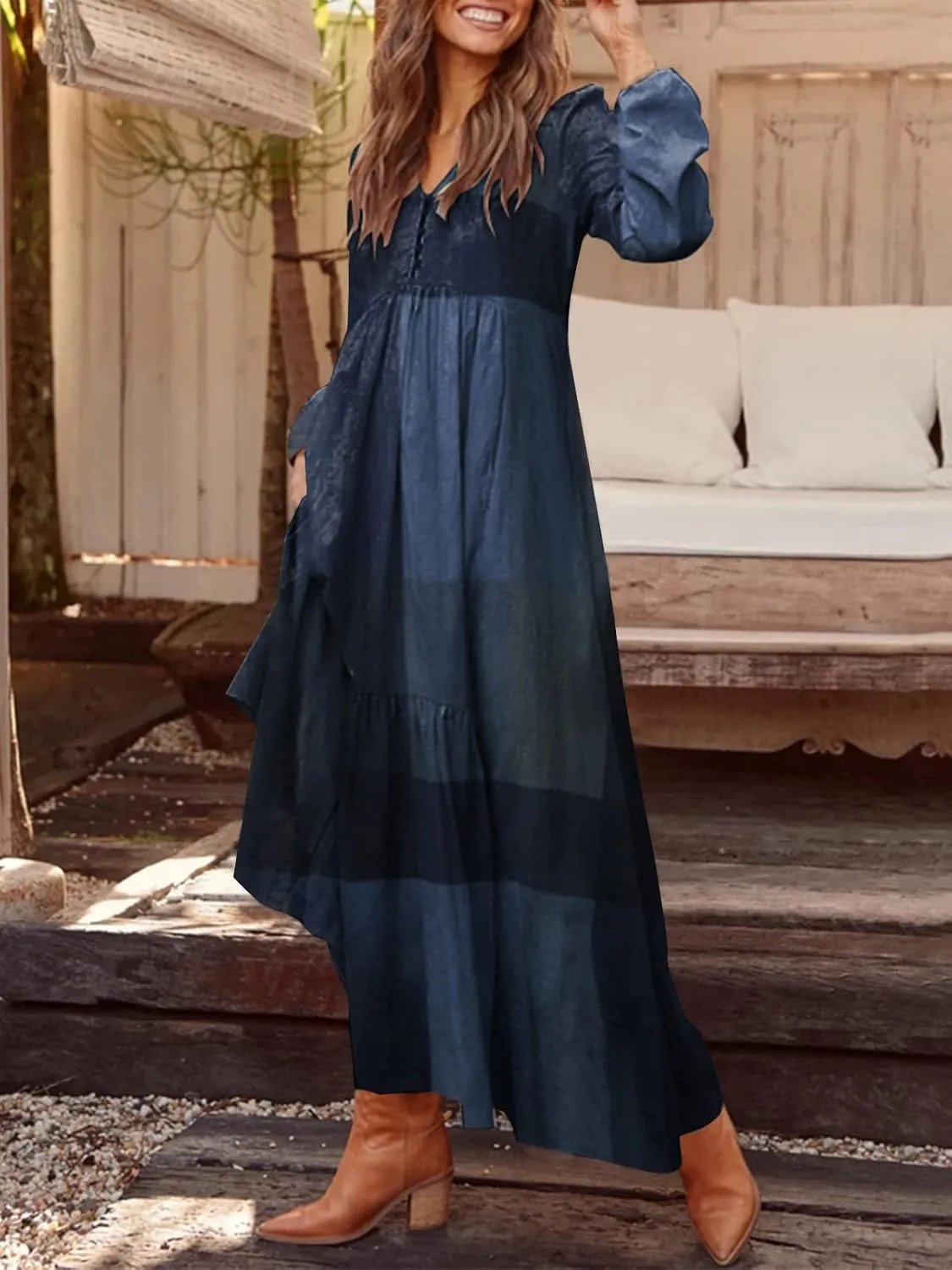 ZANZEA Women's Casual Maxi Dress Long Sleeve Loose V Neck Printed Kaftan Party Check Plaid Shrit Dress Puff Sleeve