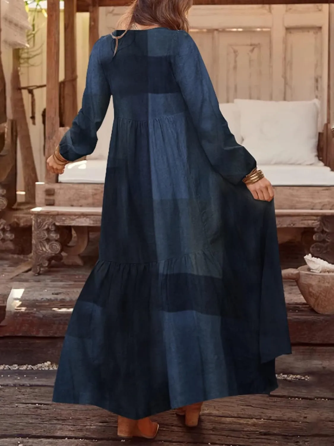 ZANZEA Women's Casual Maxi Dress Long Sleeve Loose V Neck Printed Kaftan Party Check Plaid Shrit Dress Puff Sleeve