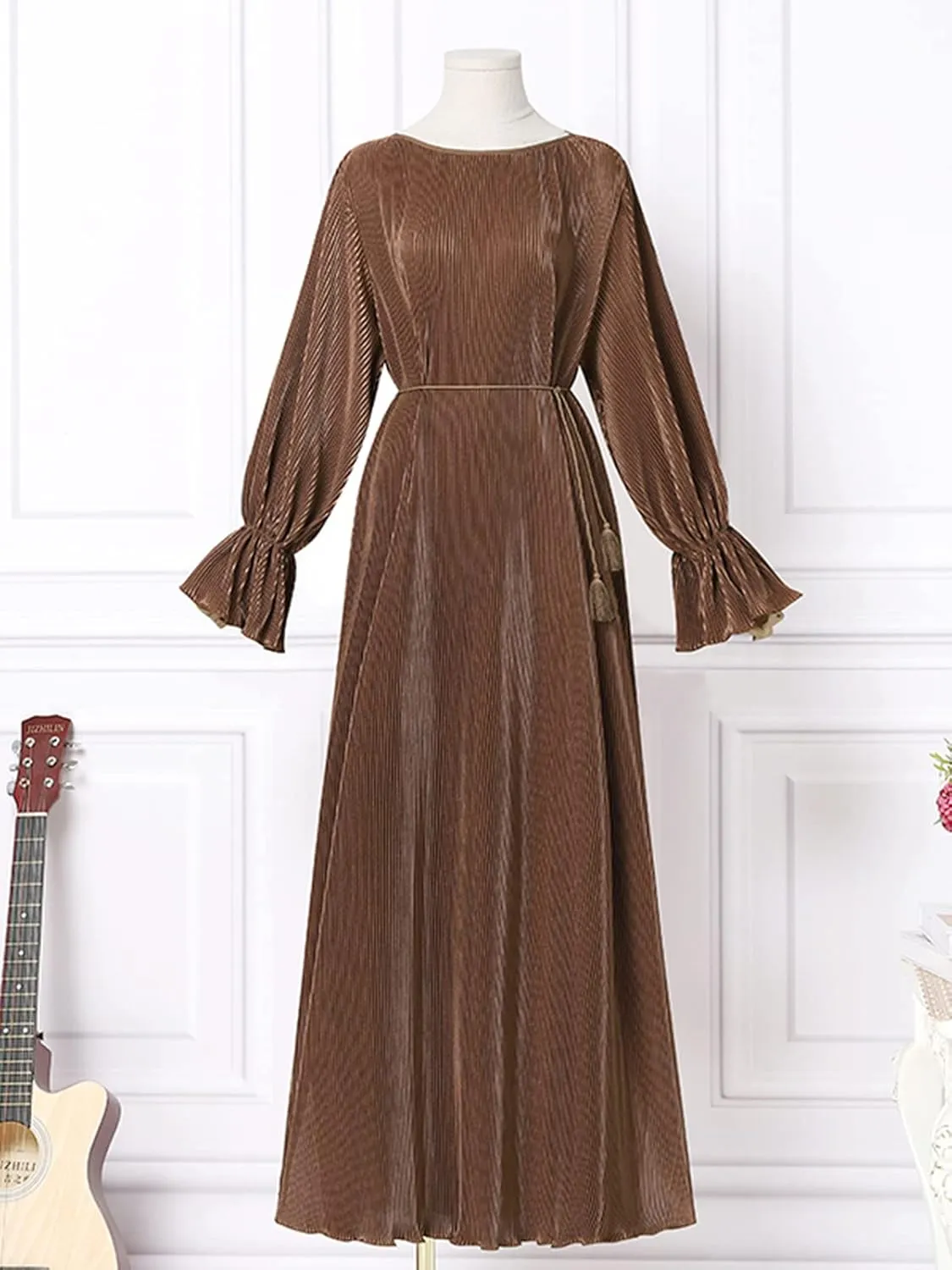 ZANZEA Women's Casual Maxi Dress Long Sleeve Loose V Neck Printed Kaftan Party Check Plaid Shrit Dress Puff Sleeve