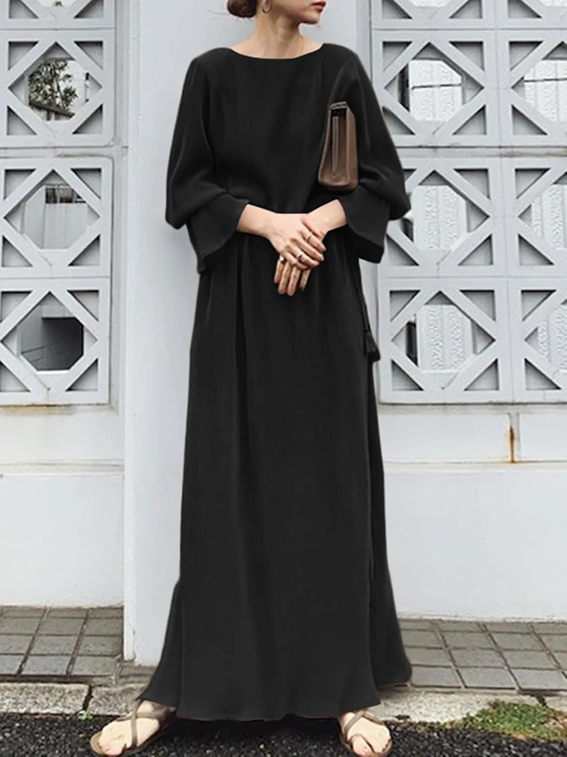 ZANZEA Women's Casual Maxi Dress Long Sleeve Loose V Neck Printed Kaftan Party Check Plaid Shrit Dress Puff Sleeve